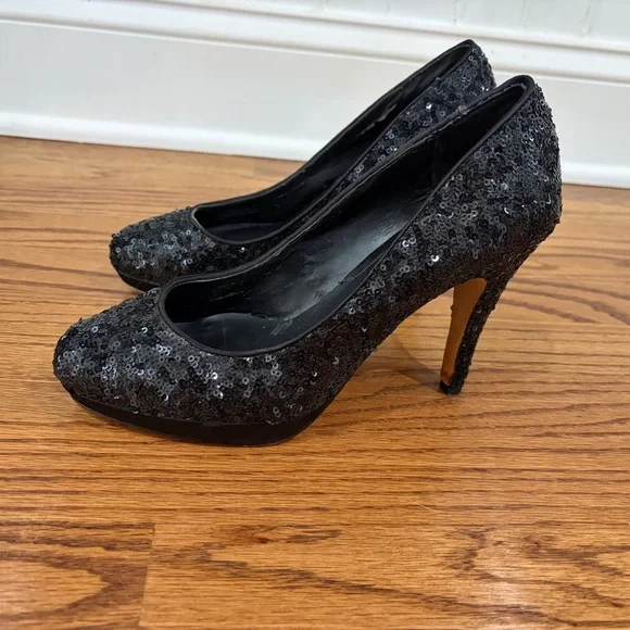 WHBM Sequined Black Stiletto Platform Pumps - Picture 3 of 8